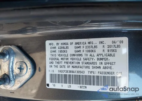 2009 Honda Accord 2.4 Lx из США, поврежденный, VIN 1HGCP26389A130543